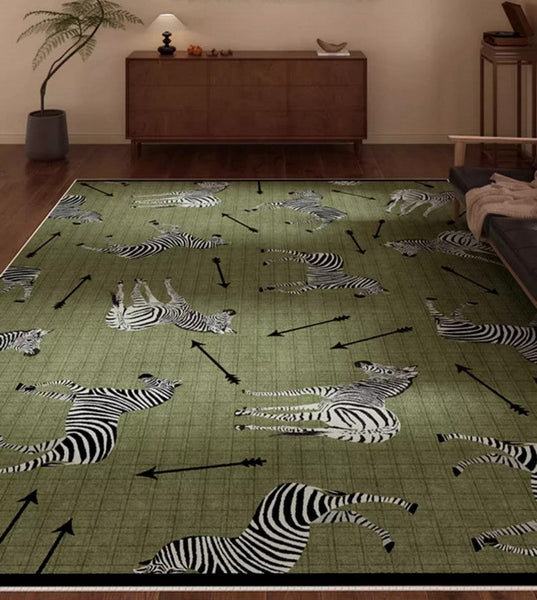 Large Contemporary Floor Carpets, Living Room Modern Area Rugs, Mid Century Zebra Green Rugs in Bedroom, Dining Room Modern Rugs-ArtWorkCrafts.com