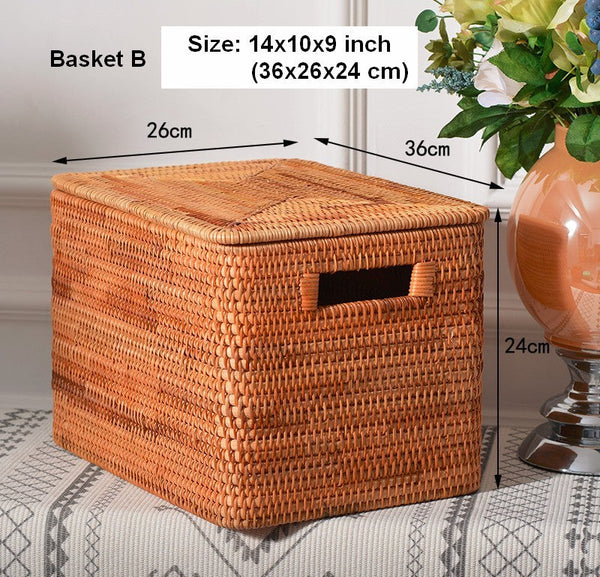 Extra Large Storage Baskets for Clothes, Oversized Rectangular Storage Basket with Lid, Wicker Rattan Storage Basket for Shelves, Storage Baskets for Bedroom-ArtWorkCrafts.com