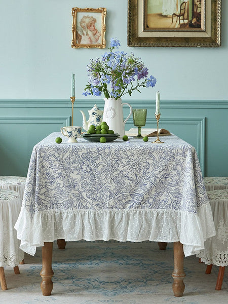 Cotton Rectangle Tablecloth for Dining Room Table, Natural Spring Farmhouse Table Cloth, Blue Flower Pattern Cotton Tablecloth, Square Tablecloth for Round Table-ArtWorkCrafts.com