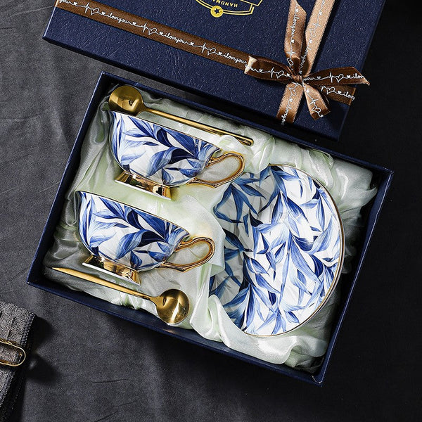 Blue Bone China Porcelain Tea Cup Set, Elegant British Ceramic Coffee Cups, Unique British Tea Cup and Saucer in Gift Box-ArtWorkCrafts.com