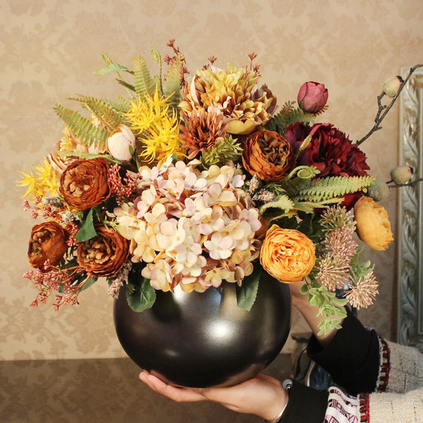 Modern Artificial Floral Arrangement for Bedroom, Large Bunch of Autumn Flowers Arrangement Interior Design, Peony Faux Silk Floral Bouquet Table Centerpiece-ArtWorkCrafts.com