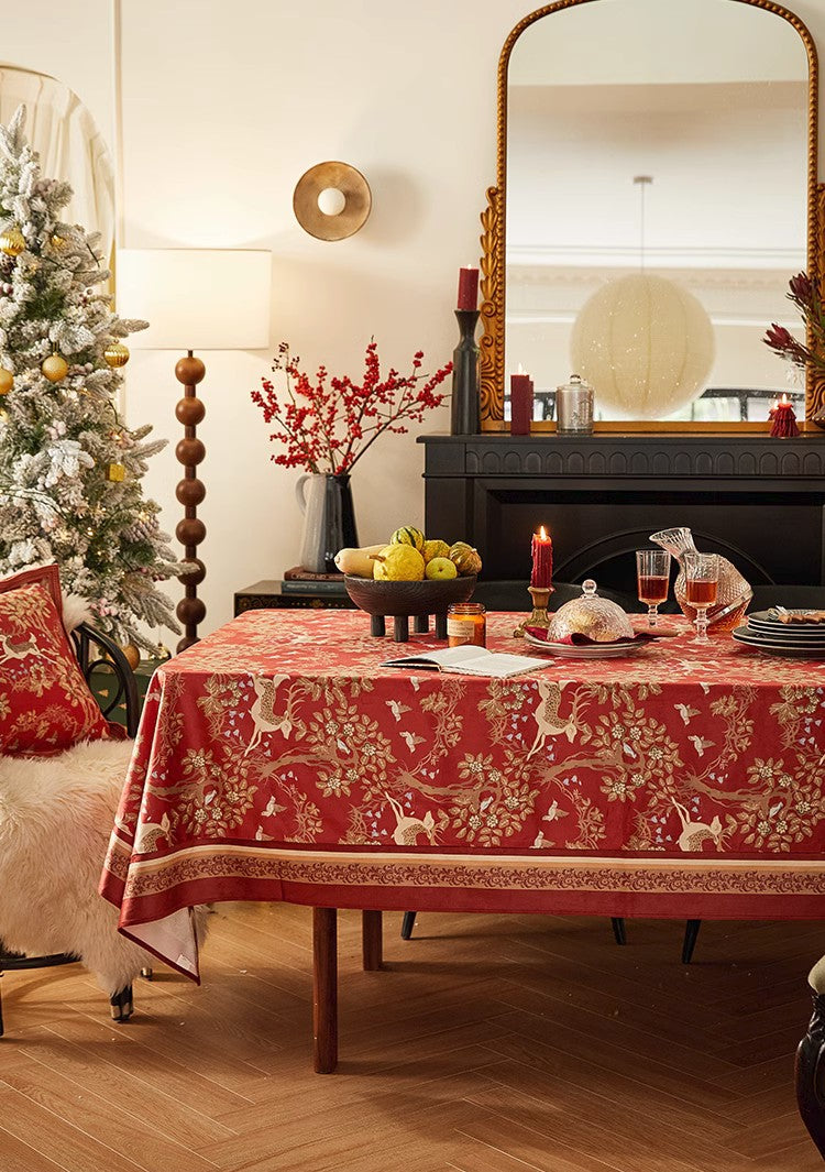 Long Modern Rectangular Tablecloth for Dining Room Table, Forest Deer Red Table Covers, Square Tablecloth for Kitchen, Extra Large Tablecloth for Round Table-ArtWorkCrafts.com