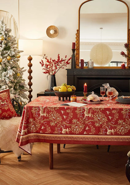 Forest Deer Red Table Covers, Square Tablecloth for Kitchen, Long Modern Rectangular Tablecloth for Dining Room Table, Extra Large Tablecloth for Round Table-ArtWorkCrafts.com