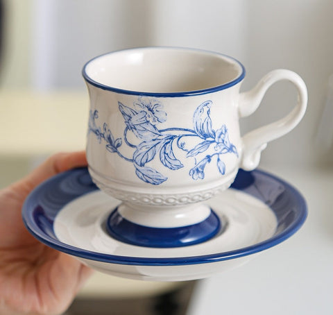 Creative Blue Coffee Cup and Saucer, Elegant Ceramic Cups for Afternoon Tea, Creative Porcelain Tea Cup Set, Beautiful British Tea Cups-ArtWorkCrafts.com