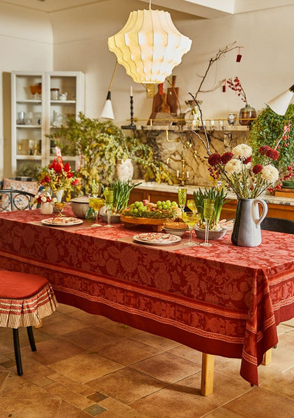 Christmas Table Cloth, Wedding Tablecloth, Red Flower Pattern Tablecloth for Home Decoration, Rectangle Tablecloth for Dining Room Table, Square Tablecloth-ArtWorkCrafts.com