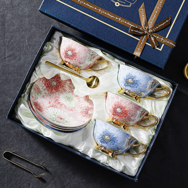 Blue and Pink Beautiful British Tea Cups, Elegant Ceramic Coffee Cups, Creative Bone China Porcelain Tea Cup Set, Unique Tea Cups and Saucers in Gift Box-ArtWorkCrafts.com