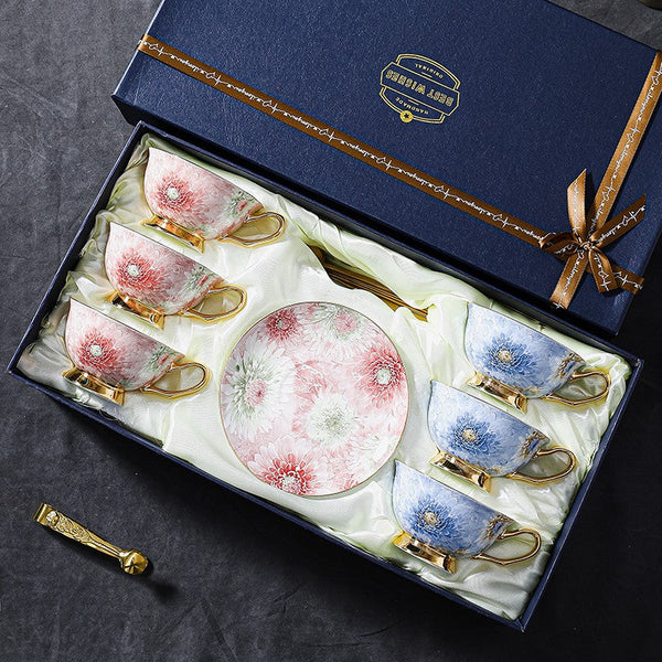 Unique Tea Cups and Saucers in Gift Box, Blue and Pink Beautiful British Tea Cups, Elegant Ceramic Coffee Cups, Creative Bone China Porcelain Tea Cup Set-ArtWorkCrafts.com