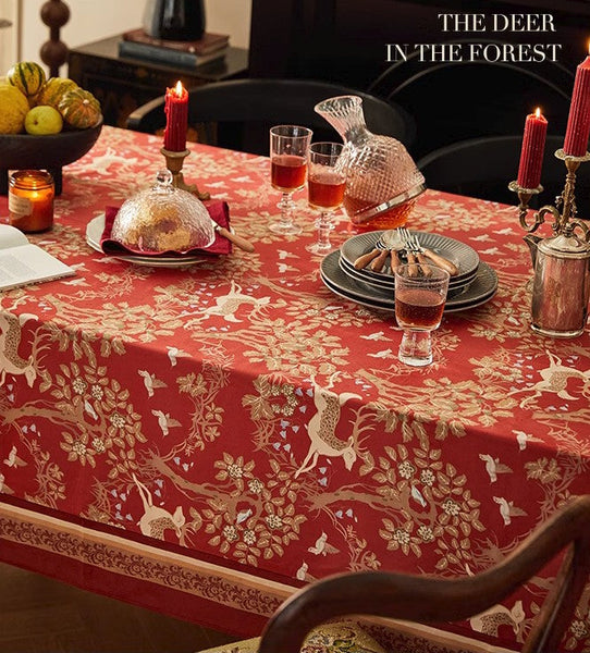 Forest Deer Red Table Covers, Square Tablecloth for Kitchen, Long Modern Rectangular Tablecloth for Dining Room Table, Extra Large Tablecloth for Round Table-ArtWorkCrafts.com