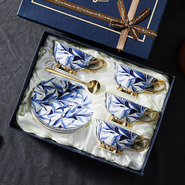 Blue Bone China Porcelain Tea Cup Set, Elegant British Ceramic Coffee Cups, Unique British Tea Cup and Saucer in Gift Box-ArtWorkCrafts.com