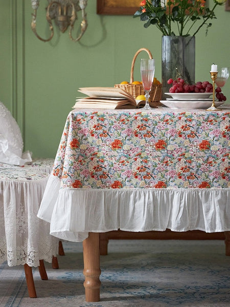 Extra Large Rectangle Tablecloth for Dining Room Table, Natural Spring Flower Farmhouse Table Cloth, Flower Pattern Cotton Tablecloth, Square Tablecloth for Round Table-ArtWorkCrafts.com