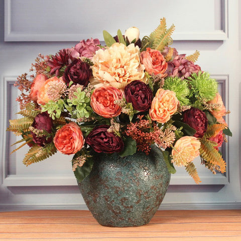 Amazing Artificial Floral Arrangement for Dining Room, Large Bunch of Autumn Flowers Arrangement, Peony Faux Silk Floral Bouquet Table Centerpiece-ArtWorkCrafts.com