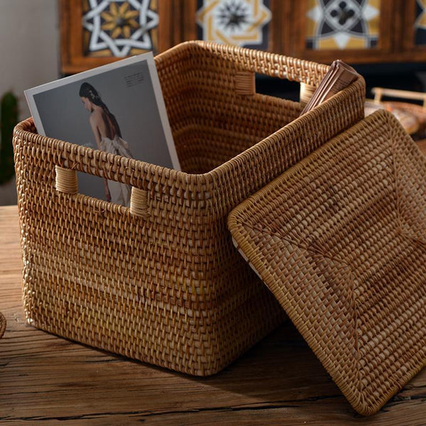 Extra Large Storage Baskets for Clothes, Oversized Rectangular Storage Basket with Lid, Wicker Rattan Storage Basket for Shelves, Storage Baskets for Bedroom-ArtWorkCrafts.com