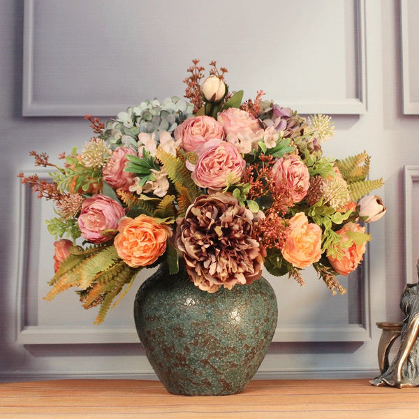 Unique Artificial Floral Arrangement for Dining Room, Large Bunch of Autumn Flowers Arrangement Interior Design, Peony Faux Silk Floral Bouquet Table Centerpiece-ArtWorkCrafts.com