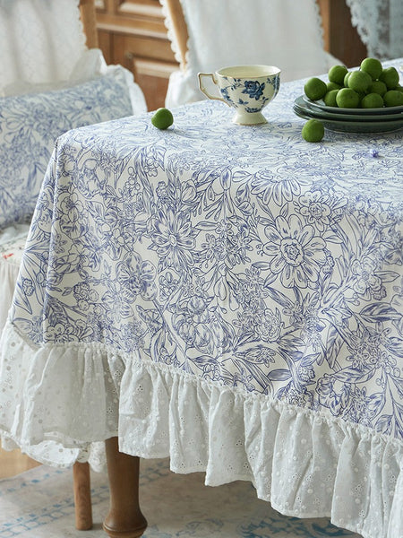 Cotton Rectangle Tablecloth for Dining Room Table, Natural Spring Farmhouse Table Cloth, Blue Flower Pattern Cotton Tablecloth, Square Tablecloth for Round Table-ArtWorkCrafts.com