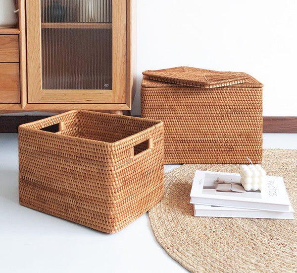 Rectangular Storage Basket with Lid, Rattan Basket, Storage Basket for Shelves, Storage Baskets for Bathroom, Bedroom Storage Baskets-ArtWorkCrafts.com