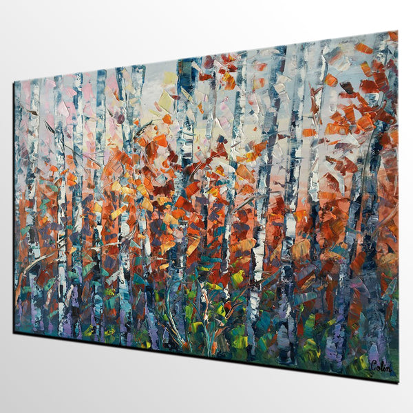 Canvas Art, Birch Tree Wall Art, Abstract Painting, Living Room Wall Art, Original Artwork, Custom Canvas Painting-ArtWorkCrafts.com