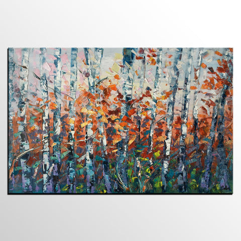 Canvas Art, Birch Tree Wall Art, Abstract Painting, Living Room Wall Art, Original Artwork, Custom Canvas Painting-ArtWorkCrafts.com