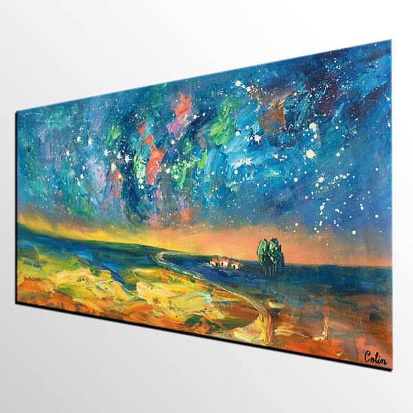 Abstract Landscape Paintings, Starry Night Sky Oil Painting, Landscape Canvas Paintings, Custom Original Oil Painting on Canvas-ArtWorkCrafts.com