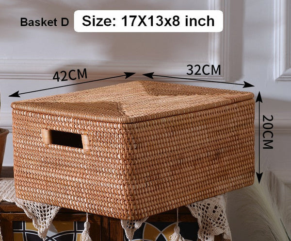 Extra Large Storage Baskets for Clothes, Oversized Rectangular Storage Basket with Lid, Wicker Rattan Storage Basket for Shelves, Storage Baskets for Bedroom-ArtWorkCrafts.com