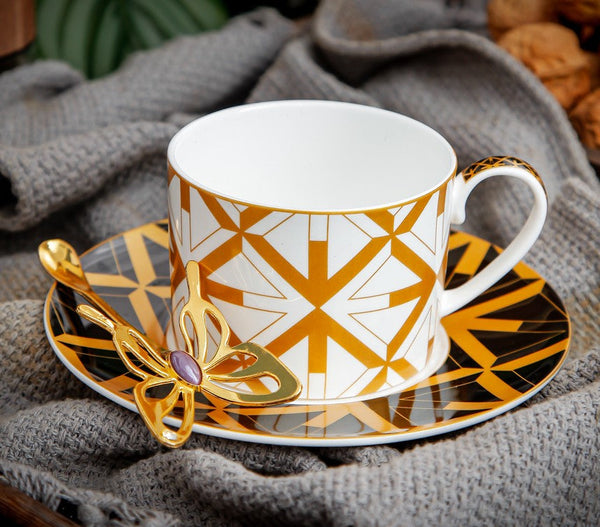 Modern Coffee Cup and Saucer, Elegant Ceramic Cups, Creative Bone China Porcelain Tea Cup Set, Beautiful British Tea Cups-ArtWorkCrafts.com