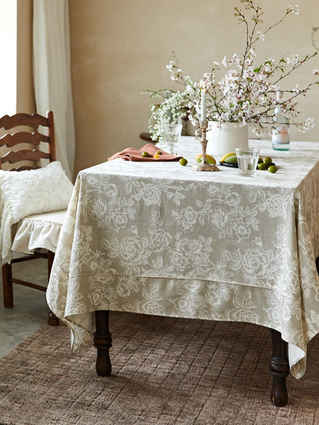 French Flower Pattern Tablecloth for Round Table, Vintage Rectangle Tablecloth for Dining Room Table, Rustic Farmhouse Table Cover for Kitchen-ArtWorkCrafts.com