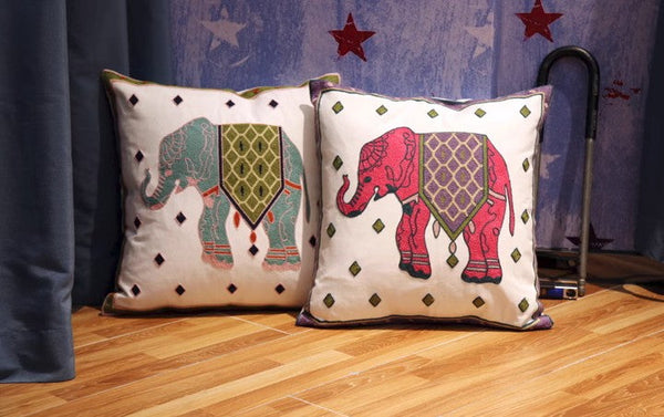 Elephant Embroider Cotton Pillow Covers, Farmhouse Decorative Sofa Pillows, Cotton Decorative Pillows, Decorative Throw Pillows for Couch-ArtWorkCrafts.com