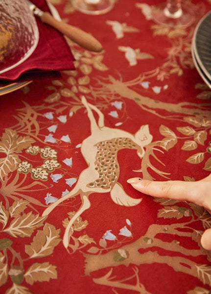 Forest Deer Red Table Covers, Square Tablecloth for Kitchen, Long Modern Rectangular Tablecloth for Dining Room Table, Extra Large Tablecloth for Round Table-ArtWorkCrafts.com