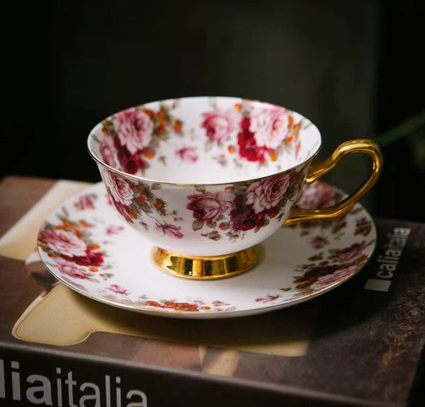 Unique Royal Coffee Cup and Saucer, Elegant Flower Ceramic Cups, Creative Bone China Porcelain Tea Cup Set, Beautiful British Tea Cups-ArtWorkCrafts.com