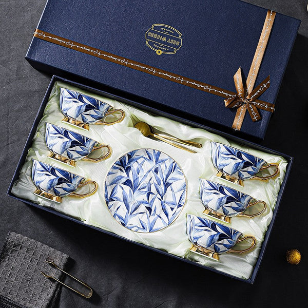 Blue Bone China Porcelain Tea Cup Set, Elegant British Ceramic Coffee Cups, Unique British Tea Cup and Saucer in Gift Box-ArtWorkCrafts.com