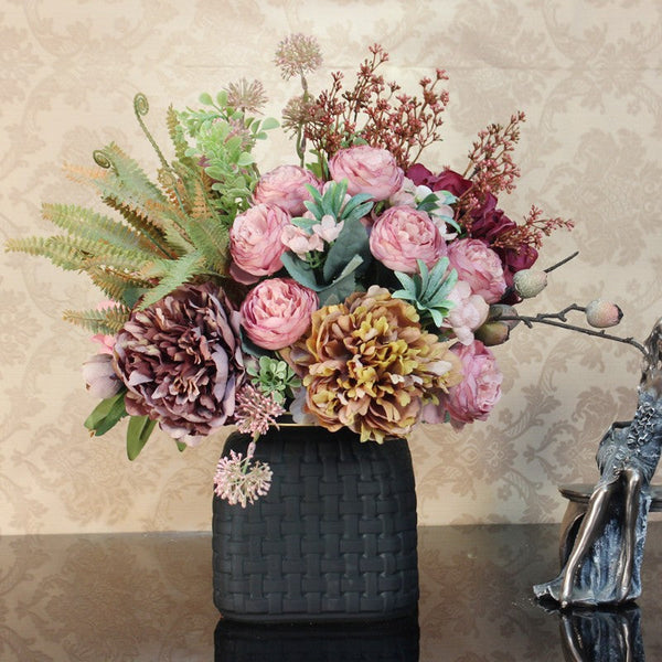 Beautiful Artificial Floral Arrangement for Bedroom, Large Bunch of Peony Flowers Arrangement, Real Touch Faux Silk Floral Bouquet Table Centerpiece-ArtWorkCrafts.com