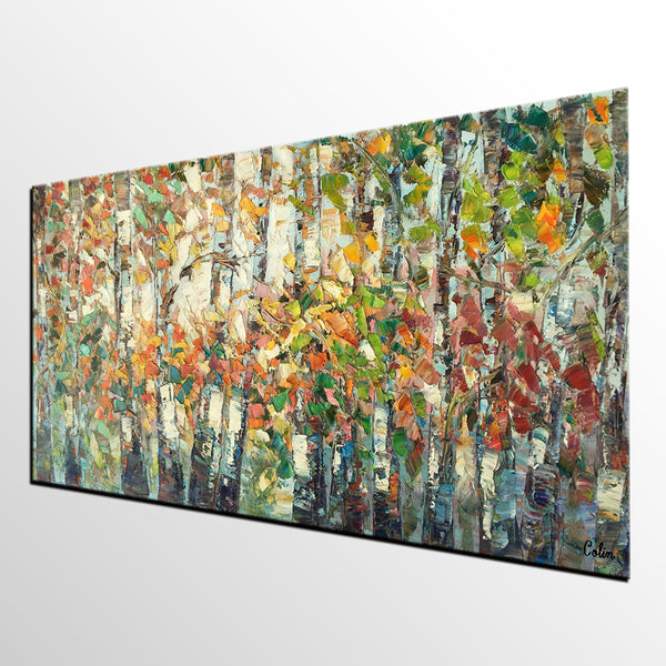 Landscape Painting, Autumn Birch Tree Painting, Custom Large Wall Art, Oil Painting, Canvas Painting-ArtWorkCrafts.com