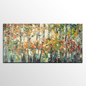 Landscape Painting, Autumn Birch Tree Painting, Custom Large Wall Art, Oil Painting, Canvas Painting-ArtWorkCrafts.com