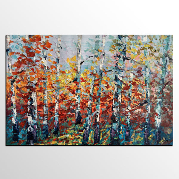 Large Art, Canvas Wall Art, Landscape Art, Birch Tree Artwork, Custom Canvas Painting-ArtWorkCrafts.com