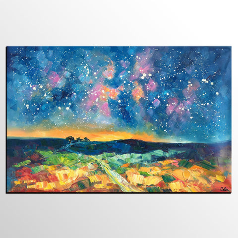 Starry Night Landscape Painting, Large Canvas Art Painting, Custom Large Oil Painting-ArtWorkCrafts.com