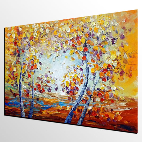 Heavy Texture Canvas Art, Autumn Tree Landscape Art, Custom Canvas Painting for Living Room-ArtWorkCrafts.com