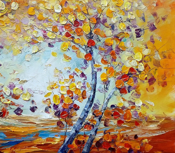 Heavy Texture Canvas Art, Autumn Tree Landscape Art, Custom Canvas Painting for Living Room-ArtWorkCrafts.com