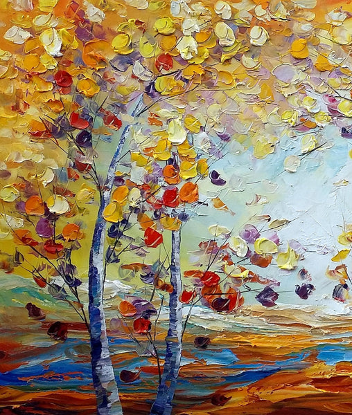 Heavy Texture Canvas Art, Autumn Tree Landscape Art, Custom Canvas Painting for Living Room-ArtWorkCrafts.com