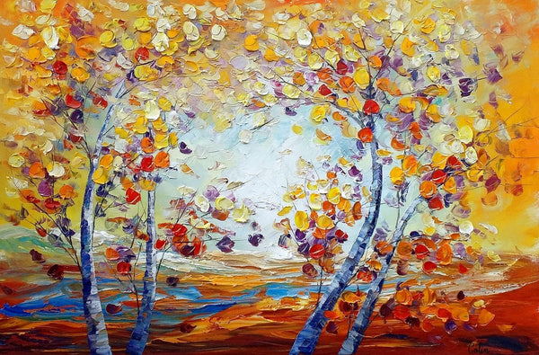 Heavy Texture Canvas Art, Autumn Tree Landscape Art, Custom Canvas Painting for Living Room-ArtWorkCrafts.com