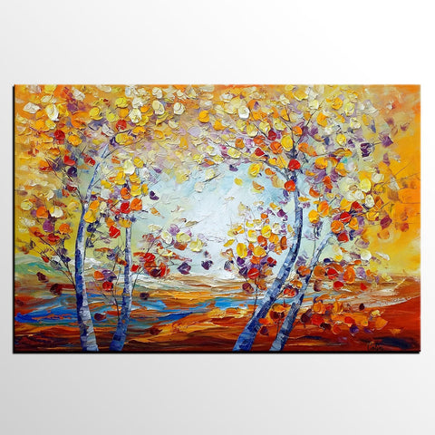 Heavy Texture Canvas Art, Autumn Tree Landscape Art, Custom Canvas Painting for Living Room-ArtWorkCrafts.com