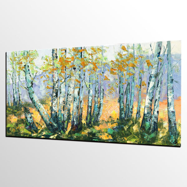 Custom Dining Room Wall Art, Landscape Painting, Birch Tree Painting, Impasto Canvas Art-ArtWorkCrafts.com