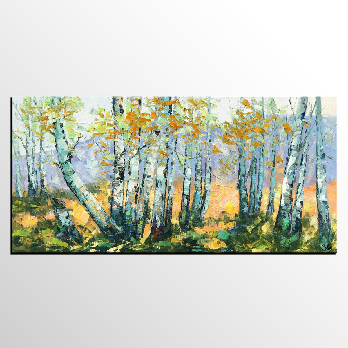 Custom Dining Room Wall Art, Landscape Painting, Birch Tree Painting, Impasto Canvas Art-ArtWorkCrafts.com