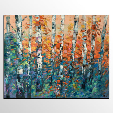 Birch Tree Painting, Large Oil Painting, Custom Canvas Artwork, Canvas Painting for Bedroom-ArtWorkCrafts.com