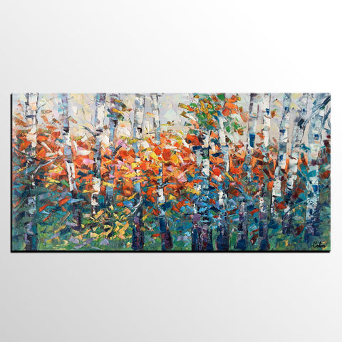 Birch Tree Painting, Impasto Art, Large Canvas Art, Bedroom Canvas Painting, Custom Extra Large Painting-ArtWorkCrafts.com