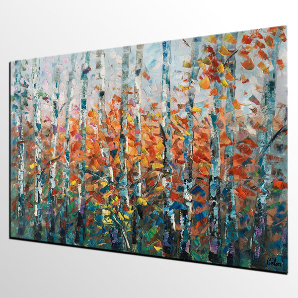 Tree Landscape Art, Large Wall Art, Birch Tree Painting, Custom Canvas Painting for Bedroom-ArtWorkCrafts.com