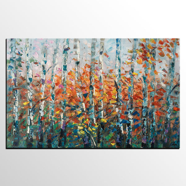 Tree Landscape Art, Large Wall Art, Birch Tree Painting, Custom Canvas Painting for Bedroom-ArtWorkCrafts.com