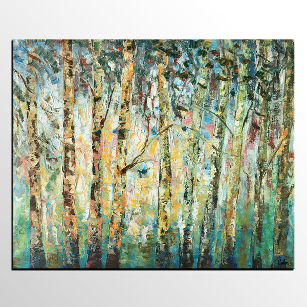 Abstract Landscape Painting, Birch Tree Painting, Bedroom Wall Art Paintings, Simple Modern Art, Custom Landscape Painting for Bedroom-ArtWorkCrafts.com