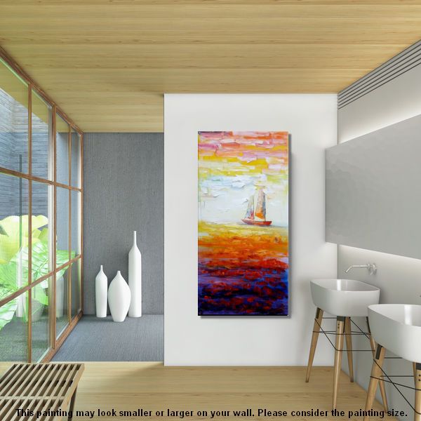 Sailing Boat at Sea, Heavy Texture Art, Original Painting, Custom Extra Large Painting-ArtWorkCrafts.com