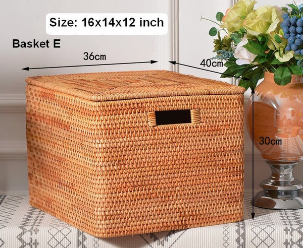 Extra Large Storage Baskets for Clothes, Oversized Rectangular Storage Basket with Lid, Wicker Rattan Storage Basket for Shelves, Storage Baskets for Bedroom-ArtWorkCrafts.com