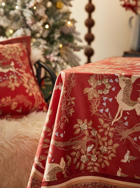 Forest Deer Red Table Covers, Square Tablecloth for Kitchen, Long Modern Rectangular Tablecloth for Dining Room Table, Extra Large Tablecloth for Round Table-ArtWorkCrafts.com