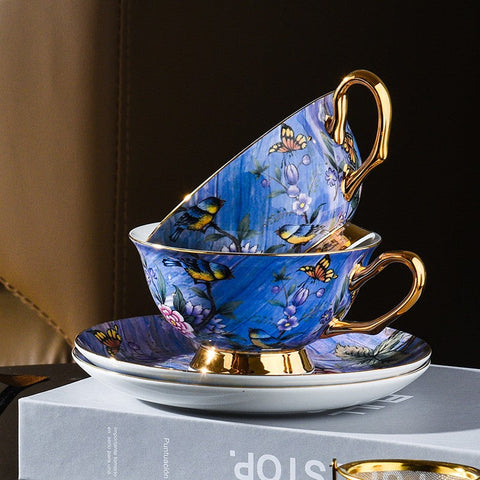 Blue Bird and Butterfly Bone China Porcelain Tea Cup Set, Unique British Tea Cup and Saucer in Gift Box, Elegant British Ceramic Coffee Cups-ArtWorkCrafts.com